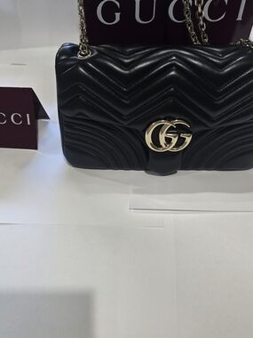 Gucci Marmont Black Leather Shoulder Bag with Gold Hardware